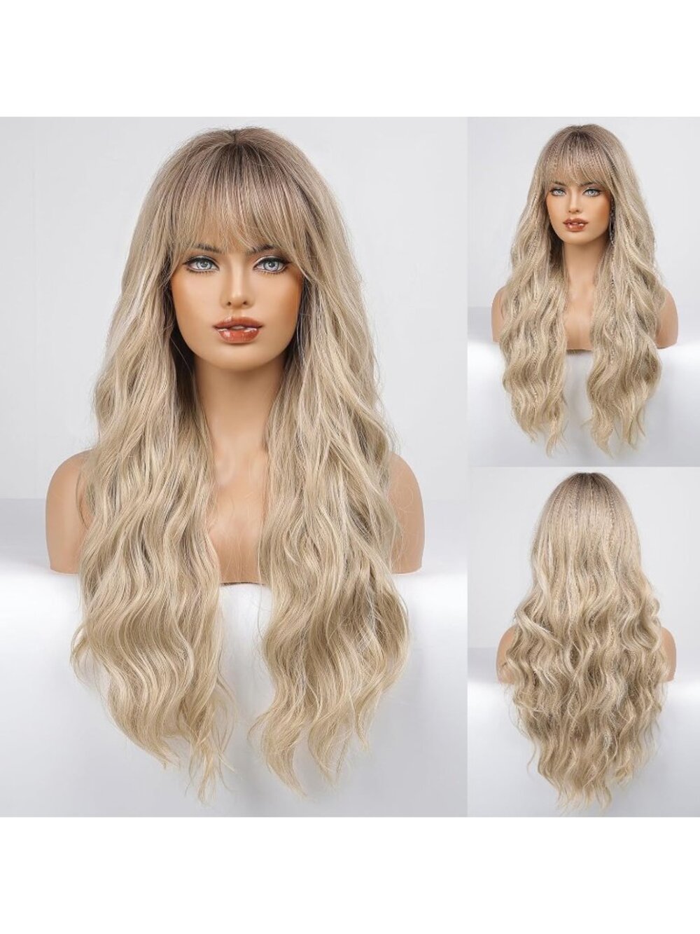 Women's Dirty Blonde Heat Resistant Long Curly Wavy Synthetic Wig Bang Size 26In
